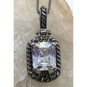 Vintage 925 J CZ‎ Marcasite Geometric Pendant 16'' Necklace Sterling Silver 9.7g
